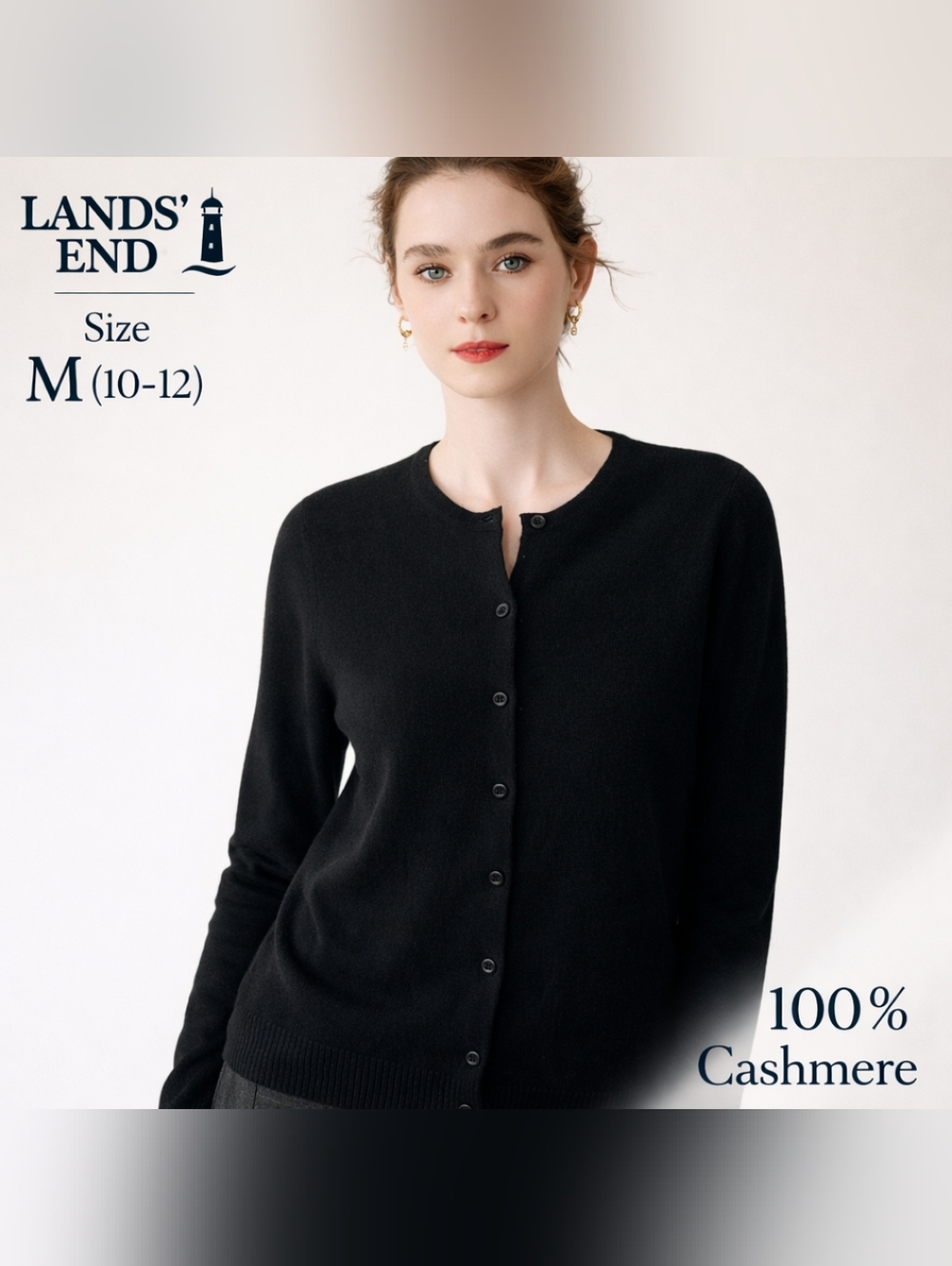 Lands' End Women’s 100% Cashmere Sweater Black Button Up Classic Size M